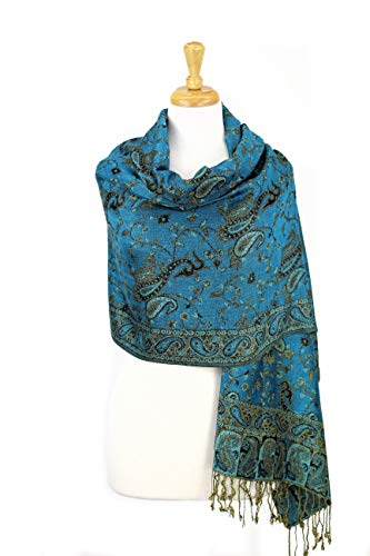 Paskmlna Reversible Paisley Pashmina Shawl Wrap Elegant Colors (#13Turquoise/black)