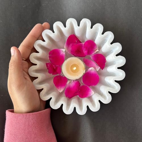 Image of Marble Urli Bowl for Decoration | Big Potpourri Decorative Bowls in Home decor | Large White Floating Flower Plates of Stone | Small Shape puja Item | (6 inch, Ruffle)
