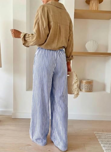 Image of Acelitt Women Casual Drawstring Elastic Waist Striped Wide Leg Pants with Pockets, S-XXL