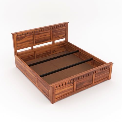 Image of Sheesham Wood King Size Bed with Storage Box | Wooden Box Bed King Size Double Cot Bed with Storage for Bedroom | Premium Kuber Dalla Design Headboard Bed for Hotel, Home | Honey Finish