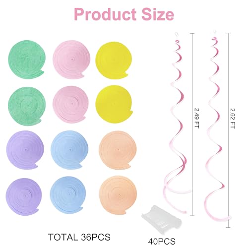 Image of 36 Pcs Pastel Hanging Swirl Decorations Pastel Color Felt Swirl Streamer Spiral Ceiling Decorations Garland for Macaron Colorful Birthday Wedding Shower Easter Party Supplies