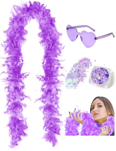 45g 2 Yard Federboa mit Glitzer und Herz-Sonnenbrille für Frauen und Teenager-Mädchen Junggesellinnenabschied Party Halloween Kostüm (Lila)