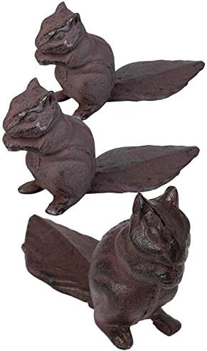 Esschert Design Cast Iron Squirrel Door Stops, Decorative Door Wedge Stopper for Home & Office Doors, Heavy Door Holder with Flat Tail Wedge, Rustic Woodland Animal Doorstop, Brown, Pack of 3