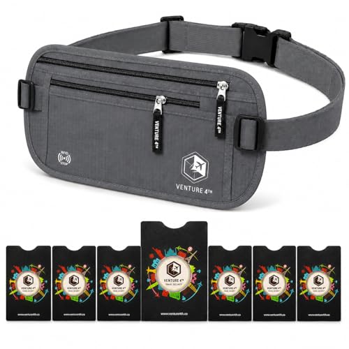 VENTURE 4TH RFID Money Belt for Travel with RFID Blocking Sleeves – Slim Hidden Travel Wallet & Passport Holder for Men & Women, Lightweight Anti-Theft Pouch to Protect Cash, Cards & Documents - Gray