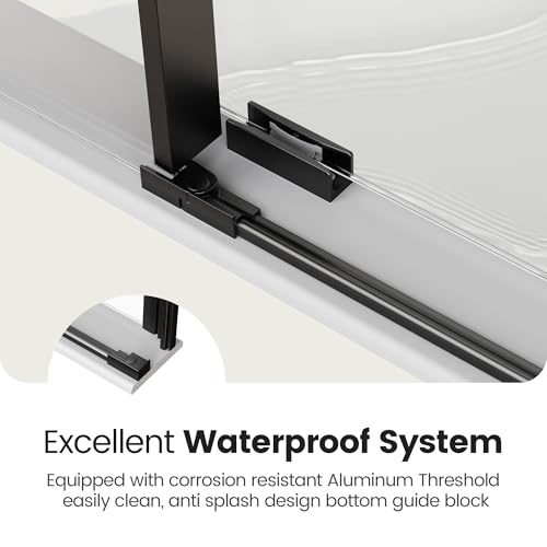 Image of 56-60 inch W x 76 inch H Frameless Sliding Shower Door, Stainless Steel Round Tube Bathroom Single Sliding Glass Doors with 1 /4''(6mm) SGCC Clear Tempered Glass, Reversible Installation, Matte Black