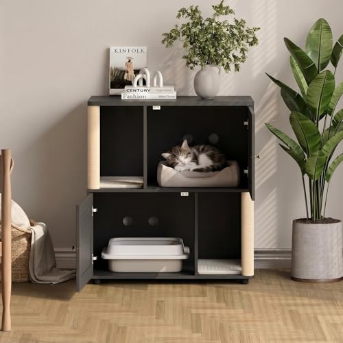 Litter Box Cabinet Hidden Cat Litter Box Furniture with Dual Compartments Odor Control & Scratch-Resistant Panels Compact Enclosure for Multiple Cats White Black Grey