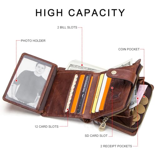 Men's Bifold Wallet with Hasp Snap Zipper Closure Leather RFID Protection, 12 Card Slots, 2 Bill Compartments, Coin Pocket for Daily Use (Cyan)3