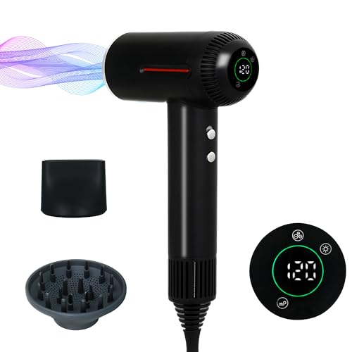 Hair Dryer,7 Temps&31 Modes.Intelligent Temperature Control,LCD Display,Self-Cleaning Mode,Facial Care Mode.1600W RPM Ionic Blow Dryer.Low Noise Thermo-Control Hair Dryer with Diffuser and Nozzle