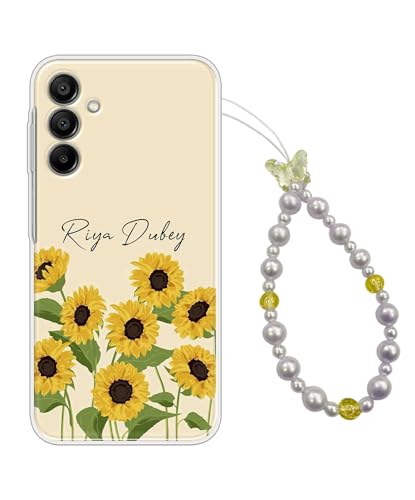 Image of COBERTA Name Customized Back Cover for Samsung Galaxy A35 5G Back Cover Personalized Case with Phone Charm Chain Strap Beads & Pearls for Girls Stylish - Flowers Yellow & Butterfly - CUSTD200