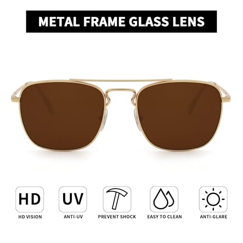 Image of JIM HALO Retro Square Aviator Sunglasses Premium Glass Lens Flat Metal Eyewear Men Women