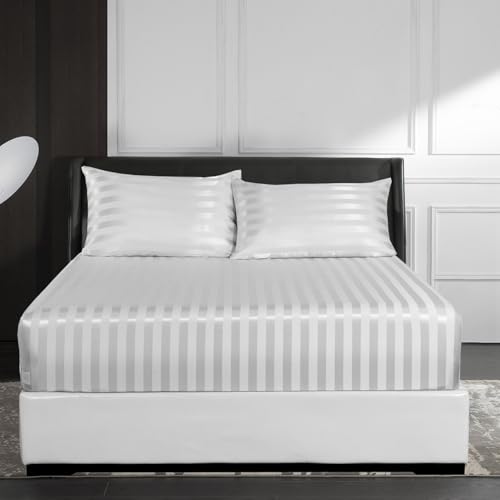 Sábana bajera ajustable para cama con somier, 200 x 200 cm, color beige y blanco, satinado, brillante, refrescante, lujoso, diseño de lujo, sábana bajera lisa, de seda, sábana bajera ajustable de 200