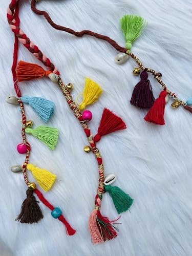 Image of Zippy Flora Boho Handmade Colorful Hair Strings for Navratri, Ethnic Look & Bohemian Styling, Red Braided Thread Hairband & Hair Extensions, Shoulder Length 12-14 Inch Hair Accessories
