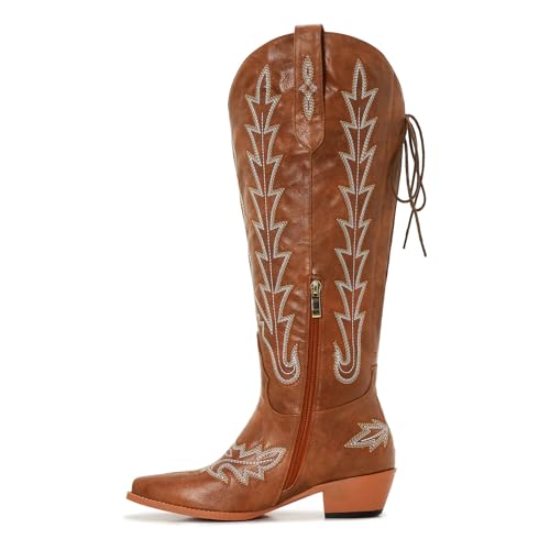 Image of Uillnoodu Wide Calf Cowboy Boots Women Knee High Tall Western Cowgirl Boots Adjustable Lace Up Plus Size Comfortable 2-Inch Heel