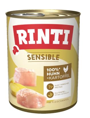 RINTI - Sensible | Nassfutter für Sensible, ausgewachsene Hunde mit natürlichen Fleischstücken. Getreidefreies Alleinfutter in der Dose ohne künstliche Zusätze | 6x800g Huhn + Kartoffel