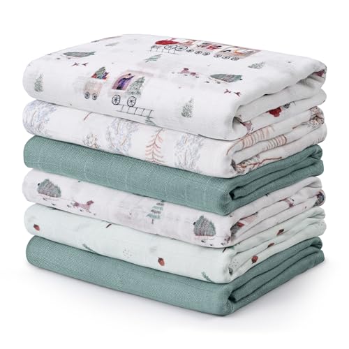 Image of GLLQUEN BABY Receiving Blanket Boy Cotton Muslin Swaddle Blankets Girl Newborn Squares Breathable & Soft Thin Baby Blankets Cloths Double Absorbent Infant Swaddling Wrap - 6 Pack (Pine Tree & Train)