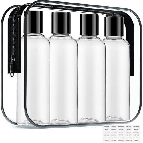 Toiletry Travel Bottles for Men Women, 3.4oz/100ml Refillable Plastic Containers with TSA Approved Toiletry Bag - Clear Cosmetic Kit for Shampoo, Conditioner, Lotion and Travel Essential(4Pack, Black)