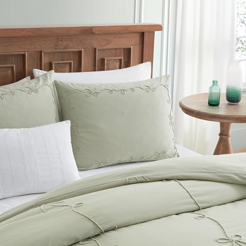 Peri Home Bow Bedding Duvet Cover Cottage Core Vintage Country 100% Cotton 3-Piece Set, Full/Queen, Green Sasha Bows
