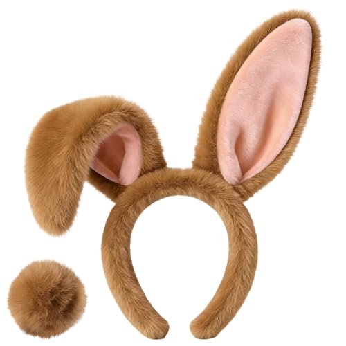 D-Fokes Easter Bunny Ears Headband and Bunny Tail Rabbit Ears Headband for Halloween Easter Party Cosplay Bunny HairbandsBrown