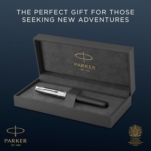 Parker Sonnet Pióro Wieczne | Kolekcja Dziedzictwo Lotu | Średni stalówka 18k złoto z czarnym wkładem atramentowym | Chromowane wykończenie | Pudełko upominkowe