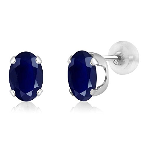 Gem Stone King 2.04 Cttw 14K White Gold Blue Sapphire Stud Earrings | Gemstone Birthstone | Oval 7X5MM | Gold Earrings For Women Men