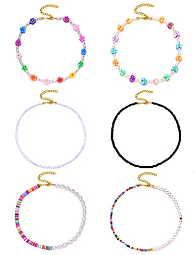 Tornito 6Pcs Heshi Bohemian Bead Pearl Choker Flower Butterfly Sufer Beach Necklace Colorful Handmade Collar Beaded Choker for Women Teen Girls