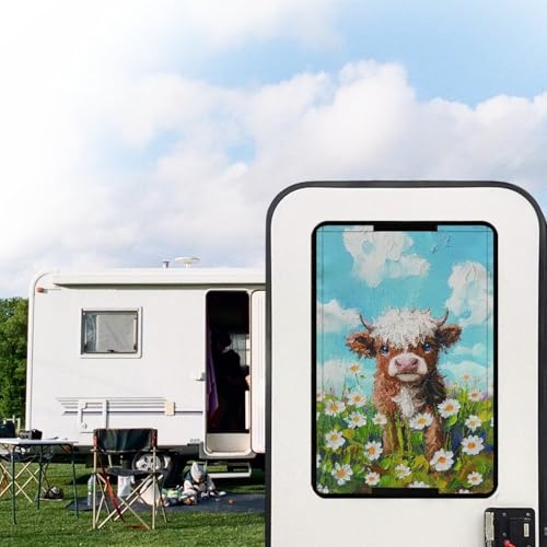 Reanaysto Highland Cow RV Door Window Shade Cover Daisy Camper Accessories Anti-hot Sun Blackout Fabric for Trailer Sun Heat Protection Camper Accessories with Privacy Features Universal
