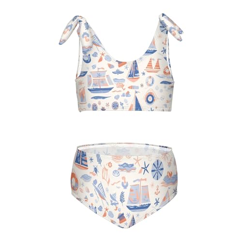 Cartoon Cute Hand Drawn Nautical Marine Girls' 2 Piecing Kids Bikini Set Quick-Dry Swimsuits Swimming Suits Adjustable