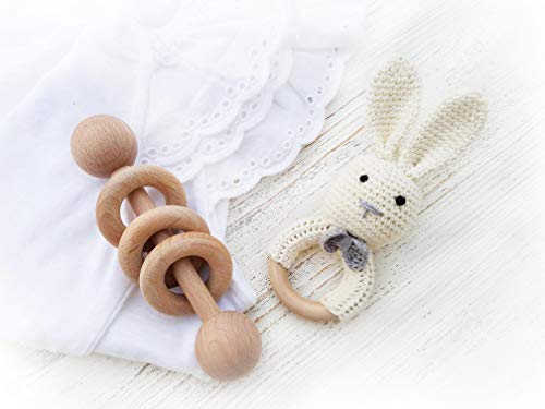 Natural Baby Wooden Toy Rattle 2pc Set Bunny Crochet Cotton Rattle and 3 Ring Wooden Rattle (White Bunny & Rattle)