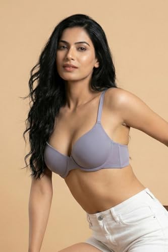 Image of Zivame Padded Plunge Wired Medium Coverage Tshirt Bra-Silver Bullet