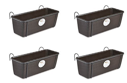 4 Stück Pflanzkasten im Rattan Design mit integriertem Wasserspeicher und Metallrahmen für Geländer Aller Art oder zum Aufstellen, Maße B 50 x H 18 x T 16 cm, Farbe braun