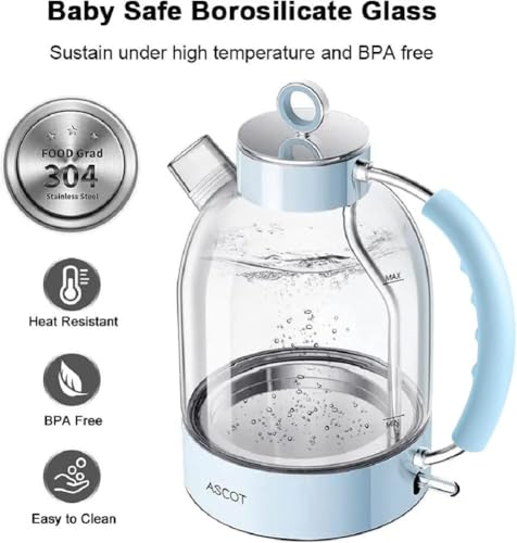 ASCOT Electric Kettle, Glass Electric Tea Kettle Gifts for Men/Women/Family 1.5L 1500W Borosilicate Glass Tea Heater, with Auto Shut-Off and Boil-Dry Protection (Blue)