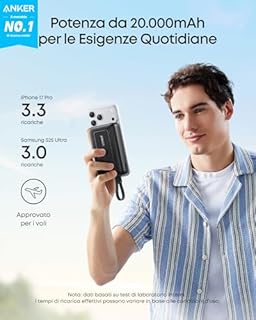 Anker Power Bank 20000mAh 30W, Caricabatterie Portatile ad Alta Velocità con cavo USB-C Integrato, per iPhone 17 Pro Max/16/15, MacBook, Galaxy e Altro(20000mAh, Nero)