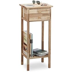 Relaxdays Mesa Auxiliar de Madera, Mesita de Noche de Nogal, 2 Niveles, con cajón, Estrecha HxLxP: 80x35x30 cm, Natural, marrón