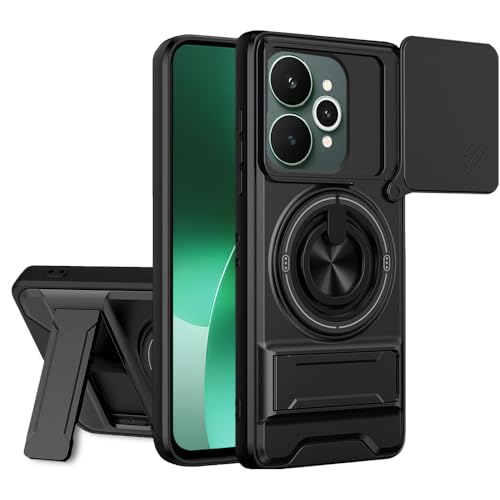 Image of AESTMO Realme 15 5G / 15 Pro 5G Back Cover | Armor Camera Slider 360 Degree Rotating Finger Ring Holder Case with Bracket Stand Back Case Cover (Compatible with MagSafe Accessories) (Black)