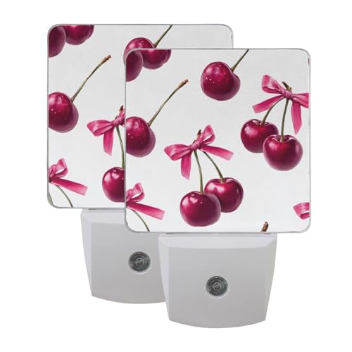 Image of Cherry Pink Bow Pattern Night Lights 2 Pack Plug-in Wall Led Nightlight Auto Dusk-to-Dawn Sensor Lamps for Bedroom Kitchen Bathroom