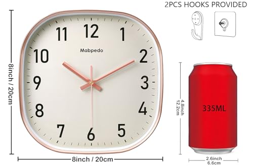 Image of Small Wall Clock, 8 Inch Silent Non Ticking Battery Operated Clock, Square Analog Decorative Wall Clocks for Bedroom Living Room Office Home Gym Porch Decor Indoor Outdoor Clocks, Rose Gold