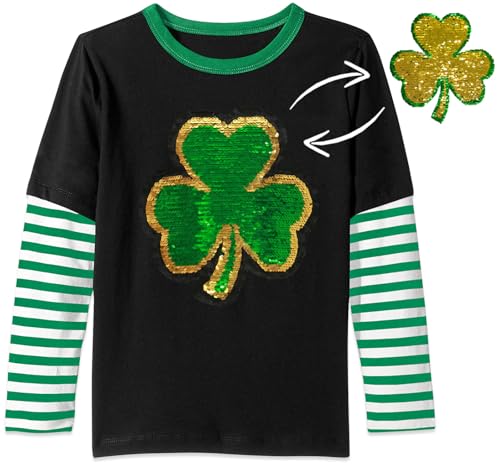 Image of Unisex Kid's St Patrick's Day Shamrock Top Striped Patchwork Irish Clover Long Sleeve Shirt 4-14 Years