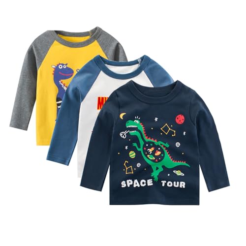SUPFANS Kleinkinder Jungen 3er-Pack Langarm-Shirts 100% Baumwolle Dinosaurier Bagger Polizeiauto T-Shirts, Set C, 2 Jahre