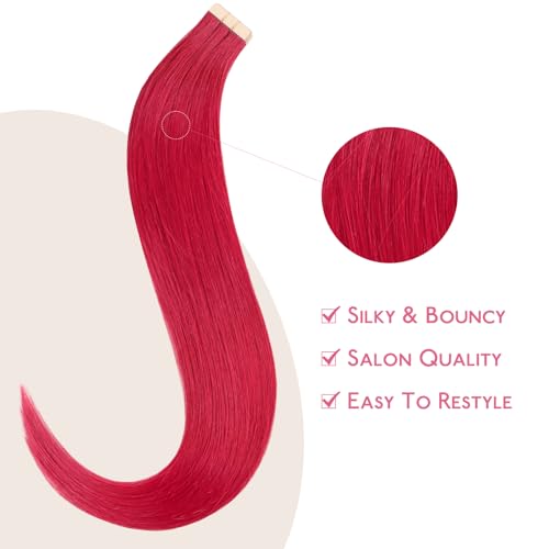 Image of WENNALIFE Tape In Hair Extensions Human Hair Red 10pcs 20g 10 inch Remy Invisible Tape Ins Straight Colored Soft Real Human Hair Tape In Extensions Refill Set Extensions