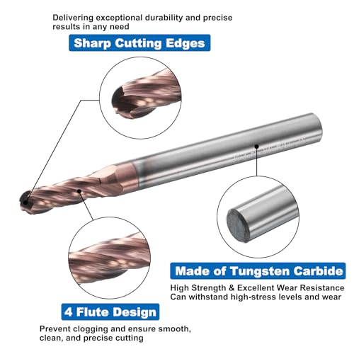 Image of HARFINGTON Ball Nose End Mill 4 Flute 13 /64 inch Diameter 1 /4 inch Shank Tungsten Carbide Uncoated Spiral CNC Router Bits 5 /8 inch Cutting Length Single End Ball for Carving Engraving Grinding