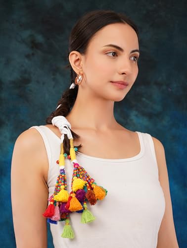 Image of Zippy Flora Rangeela Parandi (Multicolor) | Handmade Boho Parandi | Traditional Hair Accessory with Braid Tassles & Shells | Hair Extension | Choti | Versatile for Boho & Festive Styling | 22 Inches Length