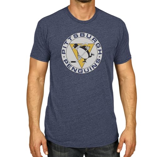 Wright & Ditson NHL Adult Retro Logo Tag-Less T-Shirt, Unisex Vintage Hockey Heathered Tee, Soft Comfortable Cotton (Pittsburgh Penguins - Navy Heather, Large)