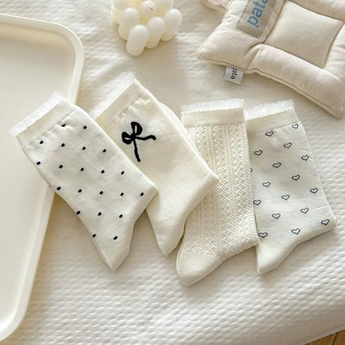 Image of Starella Women's Cute Bow Ruffle Frilly Socks Lace Polka Dot Casual Crew Sock for Flats 4 Pairs