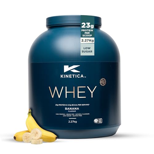 Kinetica Sports Whey Protein Powder - Banana Flavour | 23g Protein/Serve, 76 Servings/2.27Kg Pack | Gluten Free Supplement | Optimum for Muscle Growth & Recovery | Mixes Well with Water, Milk & Shakes