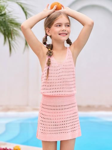 Image of Haloumoning Girls Sleeveless Crochet Swimsuit Cover Up Kids Summer Hollow Out Knitted Beach Dress 7-14 Years