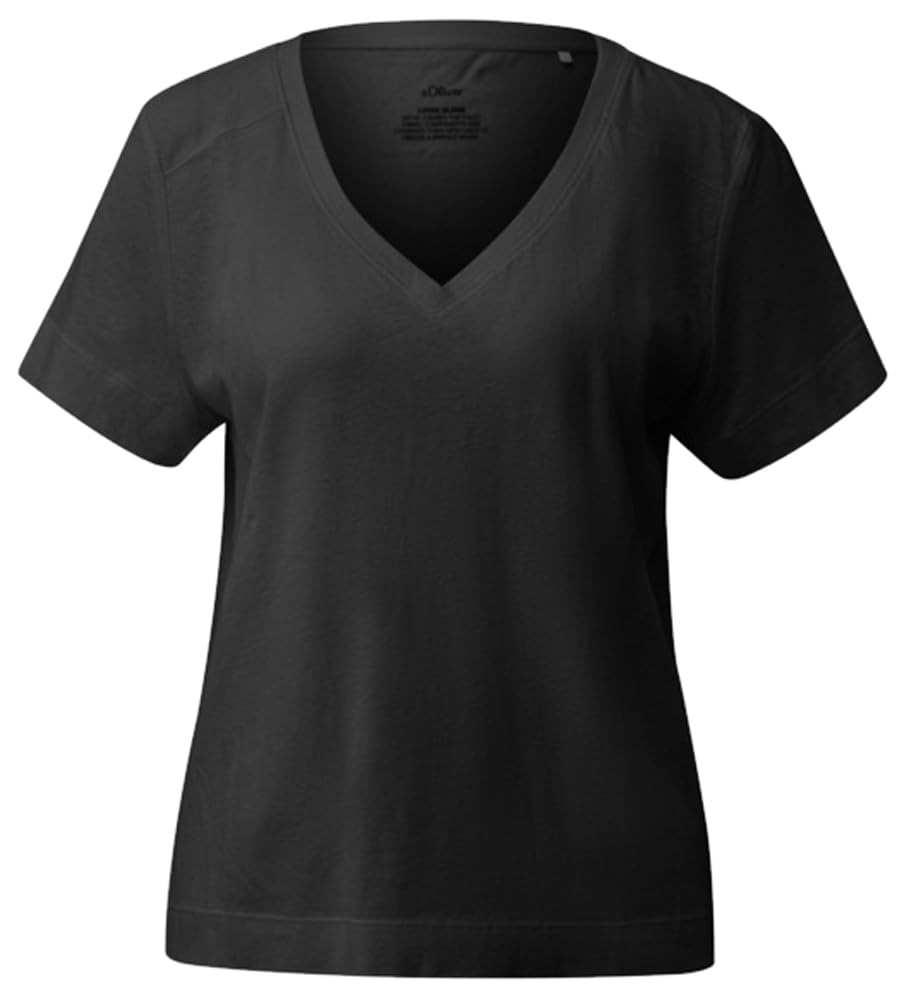 s.Oliver Women's 2178635 V-Neck Linen Mix T-Shirt (Pack of 1), Black, 16