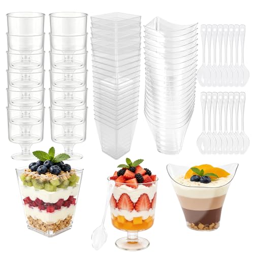 Ouxayapl Tasses à Dessert, 50 Pcs 160ml Verrines Réutilisables Plastique avec 50 Cuillères,Tasses et Cuillères à Dessert en Plastique Transparent...