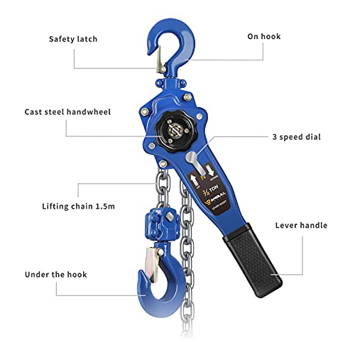 ANBULL Lever Chain Hoist 1650LBS 5FT, 3/4 Ton 1.5M Manual Ratchet Chain Puller Hoist w/G80 Galvanized Chain for Building Garages Warehouse Automotive Machinery by Anbull - Image 6
