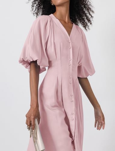 Image of chouyatou Women Summer Puff Sleeve Button Down Shirt Dress Flowy Elegant Business Casual Midi Long Dress