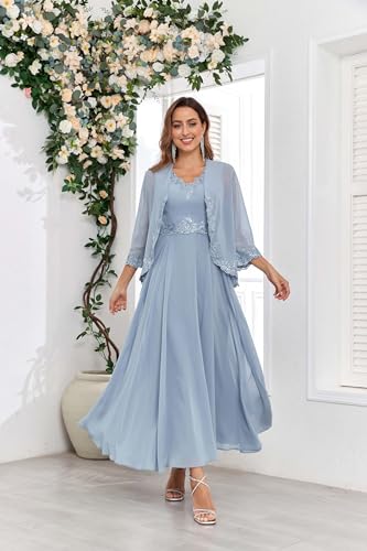 2 Pieces Mother of The Bride Dresses with Jacket Sequins Lace Chiffon Formal Evening Wedding Guest Dress3